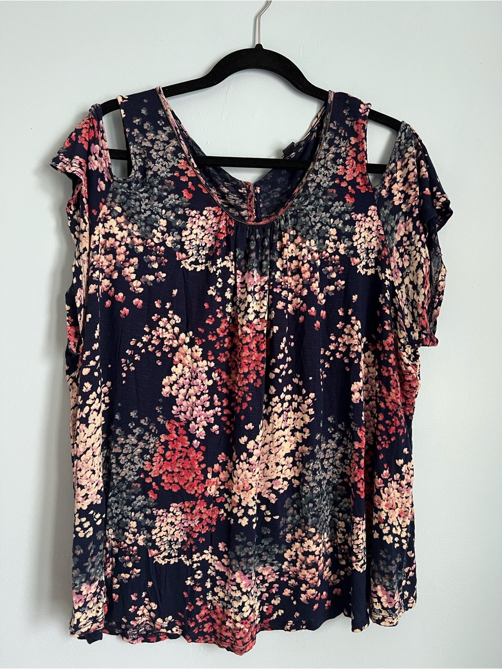 Lucky Brand Navy Floral Cold-Shoulder Top with Pink and Cream Blossoms